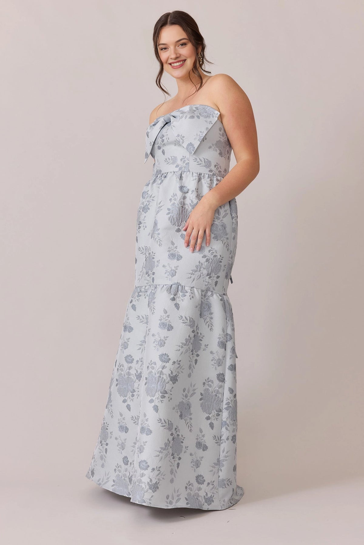 Plus Size Jacquard Strapless Bow Lace-Up Tiered Long Wedding Guest Dress