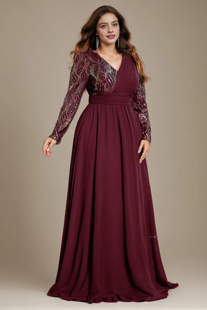 Elegant A-Line V-Neck Long-Sleeve Zip-Back Floor-Length Plus Size Mother Of Bride Dress