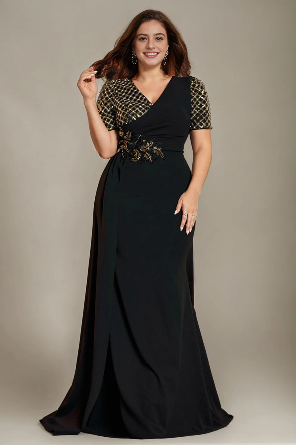 Roselledress black gold sequin plus size mother mermaid gown wrap v neck short sleeve formal dress front view