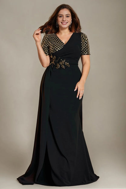 Roselledress black gold sequin plus size mother mermaid gown wrap v neck short sleeve formal dress front view