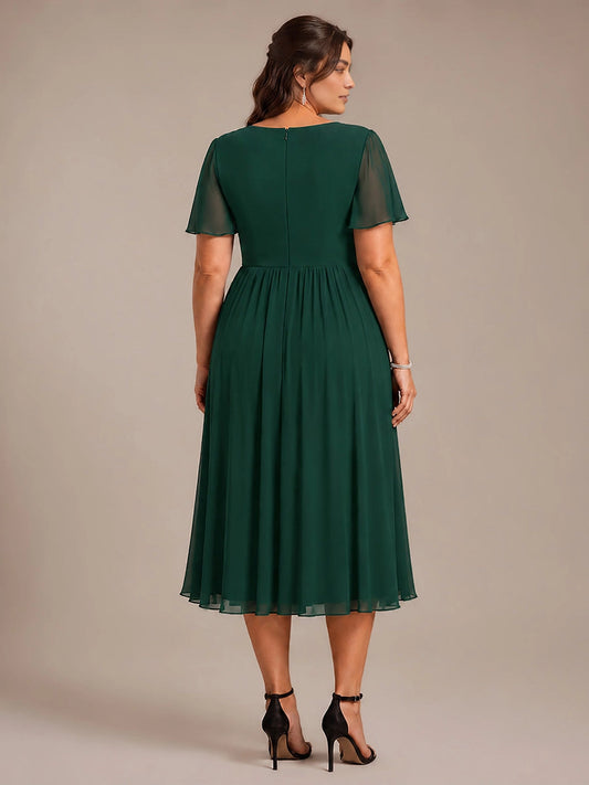 roselledress dark green chiffon midi mother of groom dress flutter sleeve back zipper plus size formal wedding guest gown back view