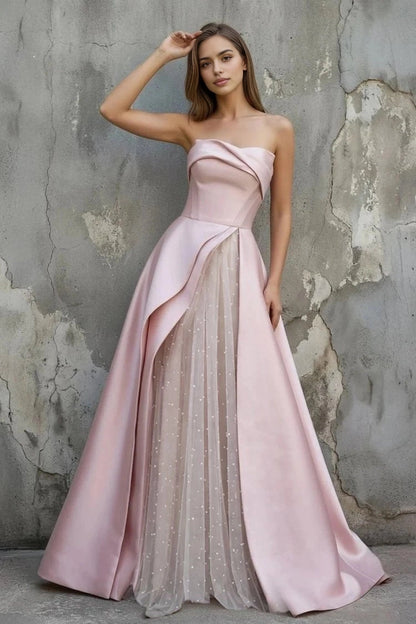 Roselledress dusty pink folded strapless satin polka dot tulle panel A-line ball gown prom dress front shot