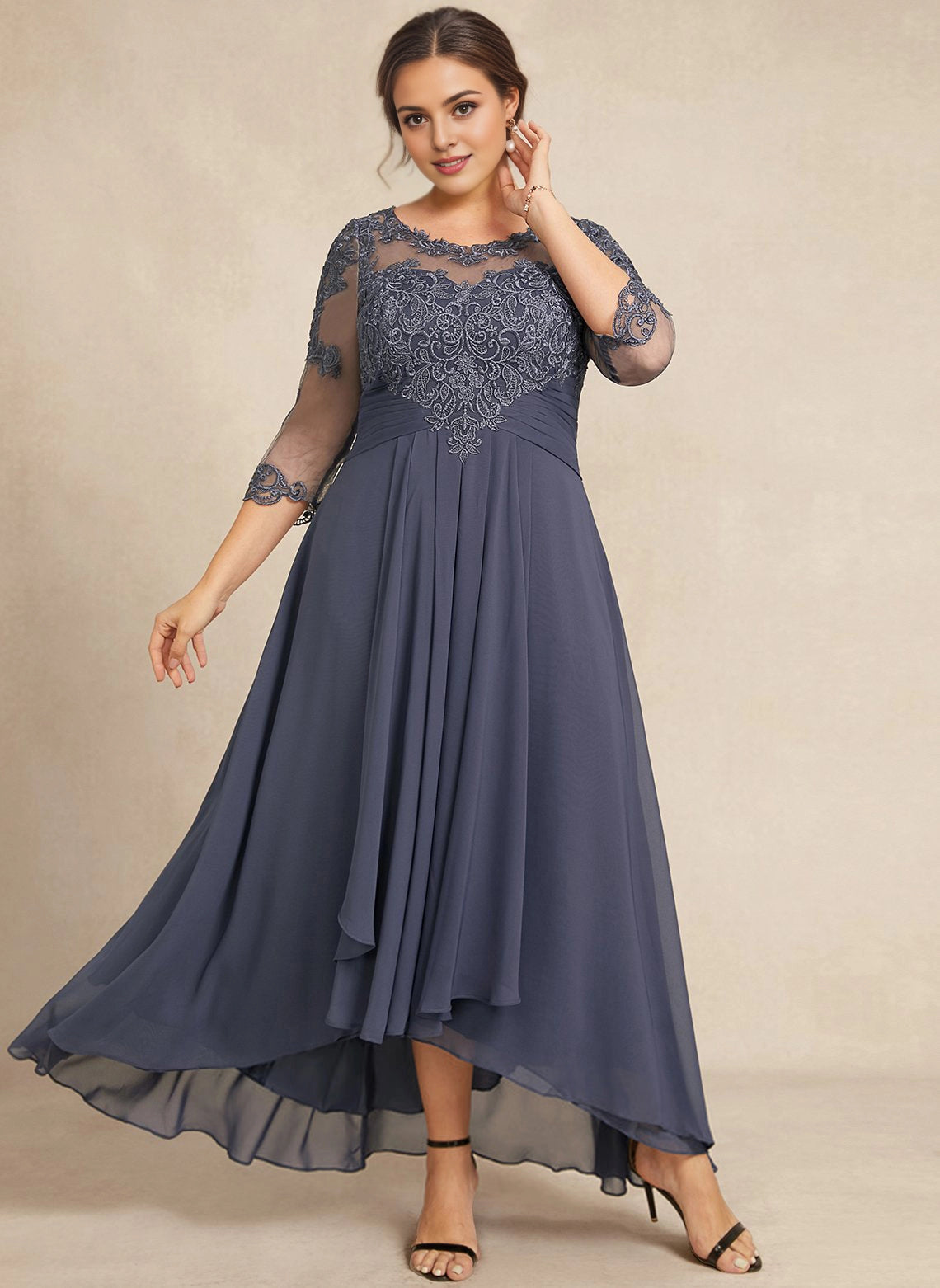 Elegant Plus Size A-Line Bateau 3/4 Sleeve Keyhole-Back High-Low Mother Of Bride Dress