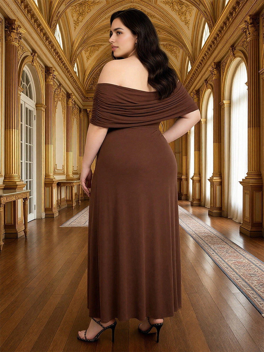 RoselleDress brown plus size formal dress off‑the‑shoulder draped ruched back midi wedding guest gown back view