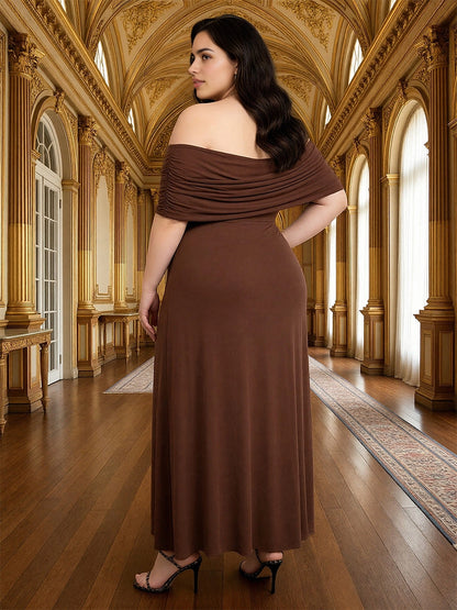 RoselleDress brown plus size formal dress off‑the‑shoulder draped ruched back midi wedding guest gown back view