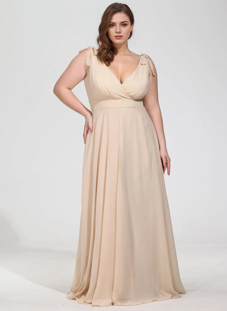 roselledress champagne chiffon plus size wedding guest dress deep v tie shoulder strap maxi bridesmaid gown