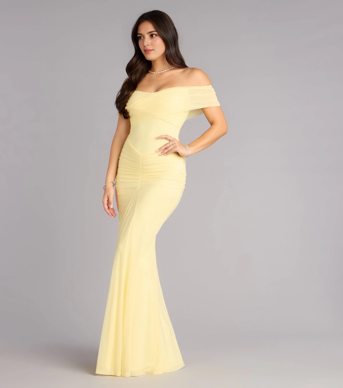 Roselledress Soft Mermaid Off-Shoulder Short-Sleeve Zip-Back Mesh Plus Size Prom Dress