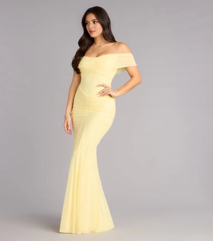 Roselledress Soft Mermaid Off-Shoulder Short-Sleeve Zip-Back Mesh Plus Size Prom Dress