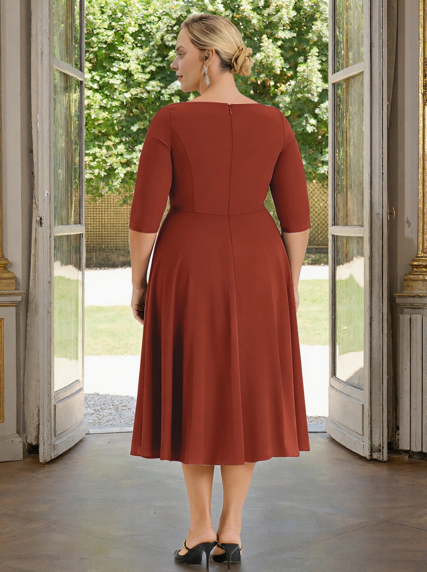 Roselledress terracotta jersey plus size formal dress zip back tea‑length mother gown back view