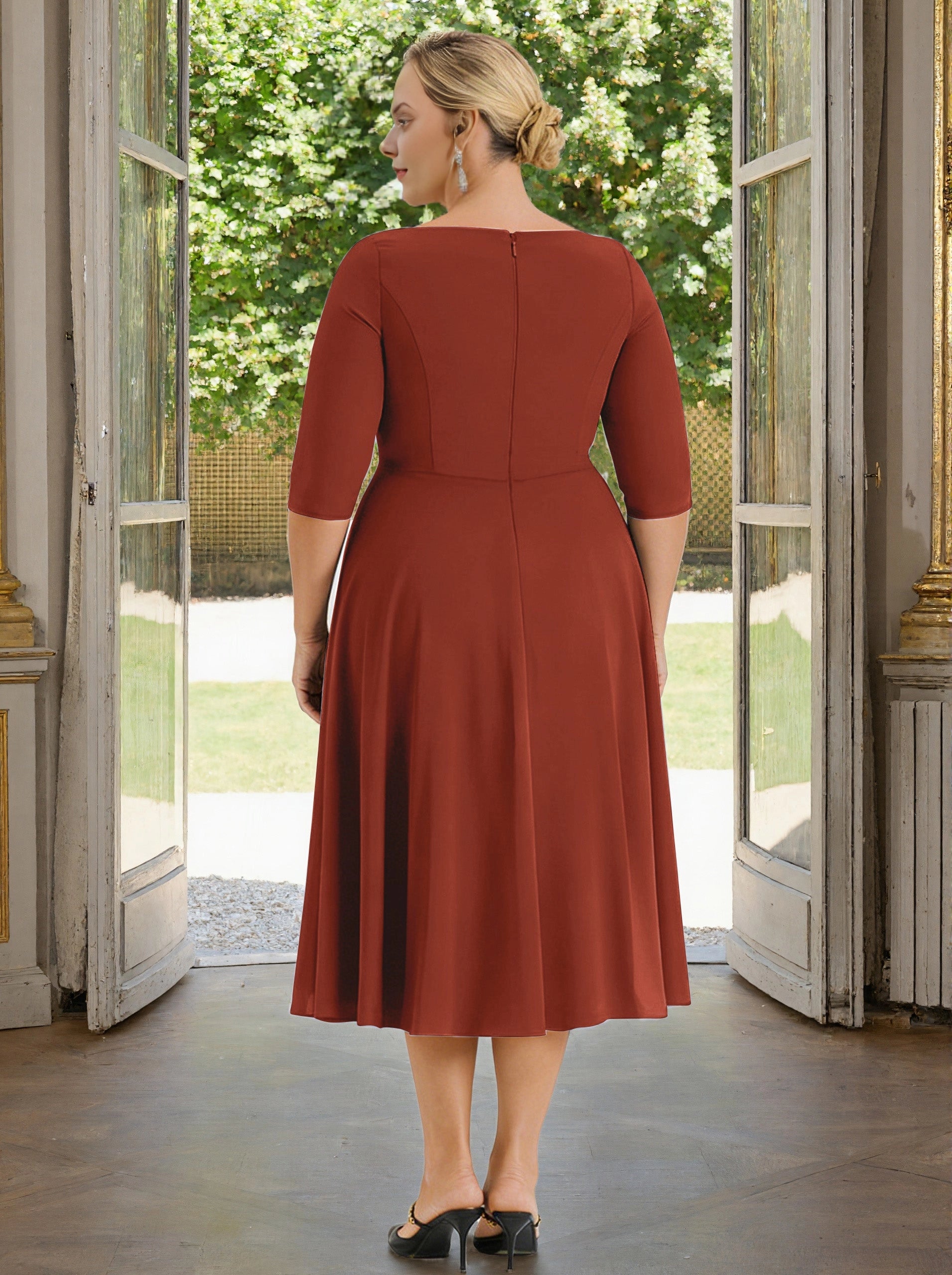 Roselledress terracotta jersey plus size formal dress zip back tea‑length mother gown back view