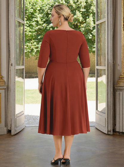 Roselledress terracotta jersey plus size formal dress zip back tea‑length mother gown back view