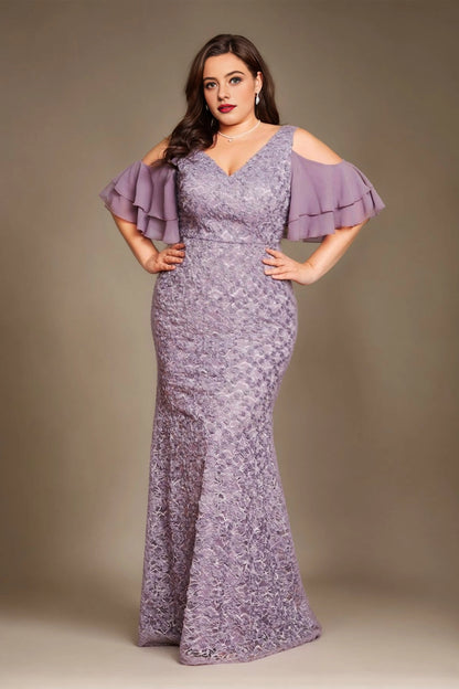 Soft Plus Size Mermaid V-Neck Cold-Shoulder Zip-Back Floor-Length Mother Of Bride Dress