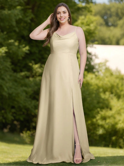 RoselleDress champagne plus size bridesmaid dress spaghetti strap cowl neck high side slit silky satin long formal gown