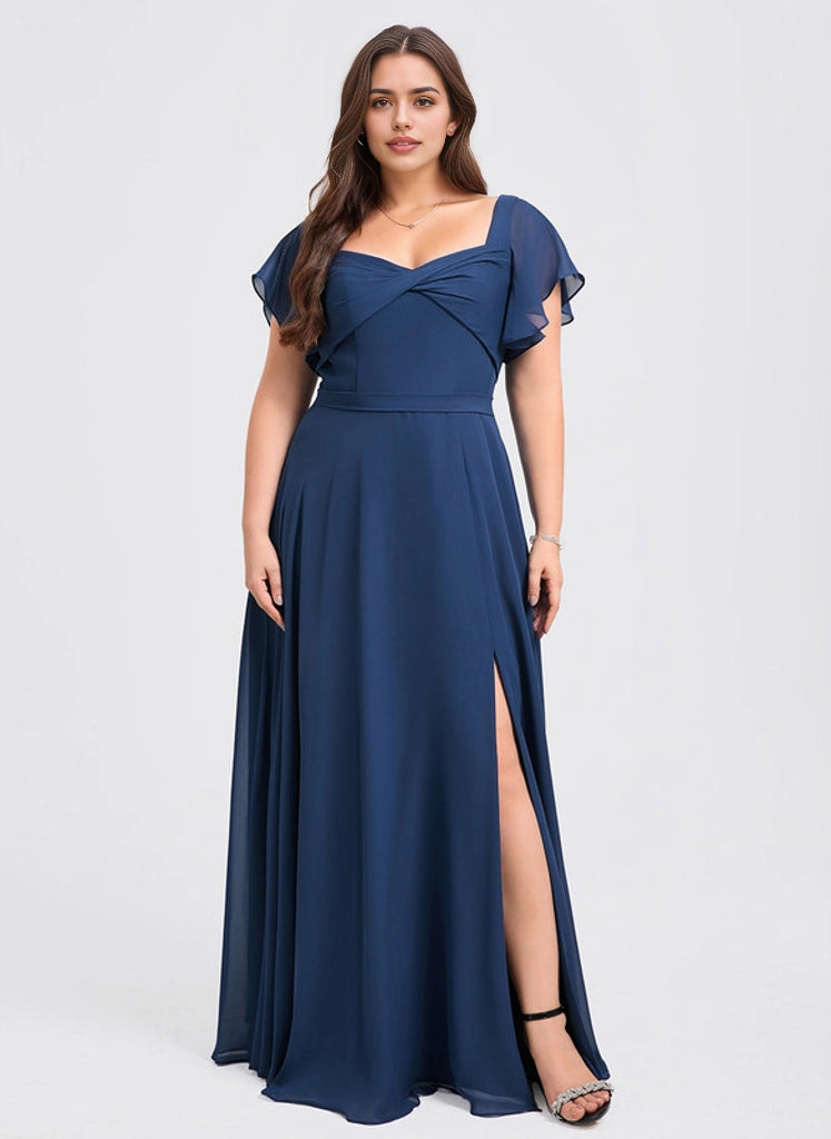 Roselledress Navy Chiffon Twist Sweetheart Flutter Sleeve Tie Back Slit Maxi Plus Size Weeding Guest Dress