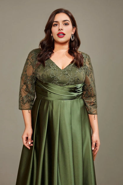 Dusty Lavender Plus Size A‑Line V‑Neck 3/4‑Sleeve V‑Back Zip‑Back Floor‑Length Prom Dress