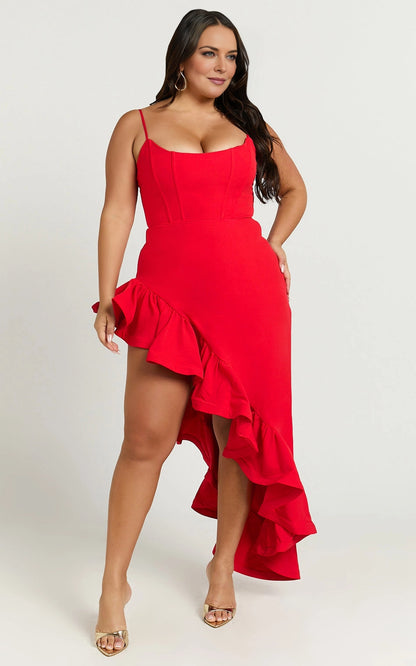 Fitted Midi Square Neck Spaghetti Strap Open Back Ruffled Asymmetrical Plus Size Wedding Guest Dress