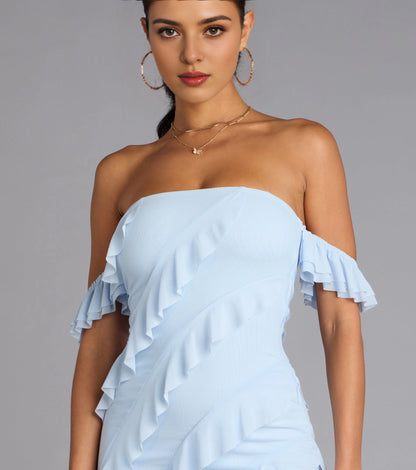 Roselledress Ruffled Slim Off-Shoulder Tube Open-Back Slit Maxi Plus Size Prom Dress