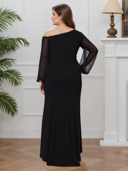 RoselleDress black plus‑size mermaid wedding guest gown asymmetrical off‑shoulder back zipper closure sheer long sleeve dress back view floor‑length formal gown