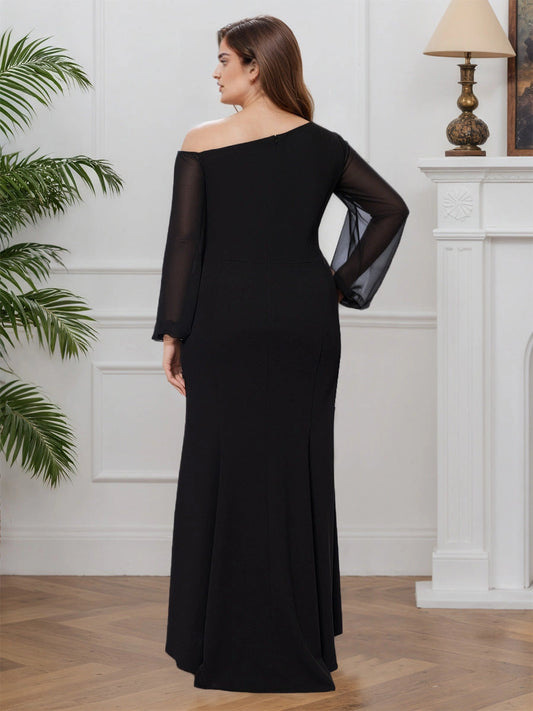 RoselleDress black plus‑size mermaid wedding guest gown asymmetrical off‑shoulder back zipper closure sheer long sleeve dress back view floor‑length formal gown
