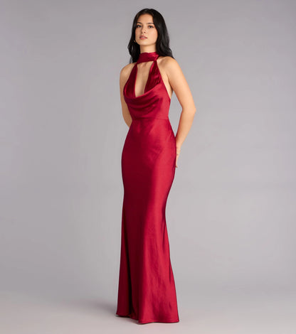 Roselledress Luxury Mermaid Halter Cutout Tie-Back Satin Maxi Plus Size Prom Dress