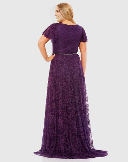 Roselledress purple glitter lace plus size formal dress closed back beaded waist evening gown back view
