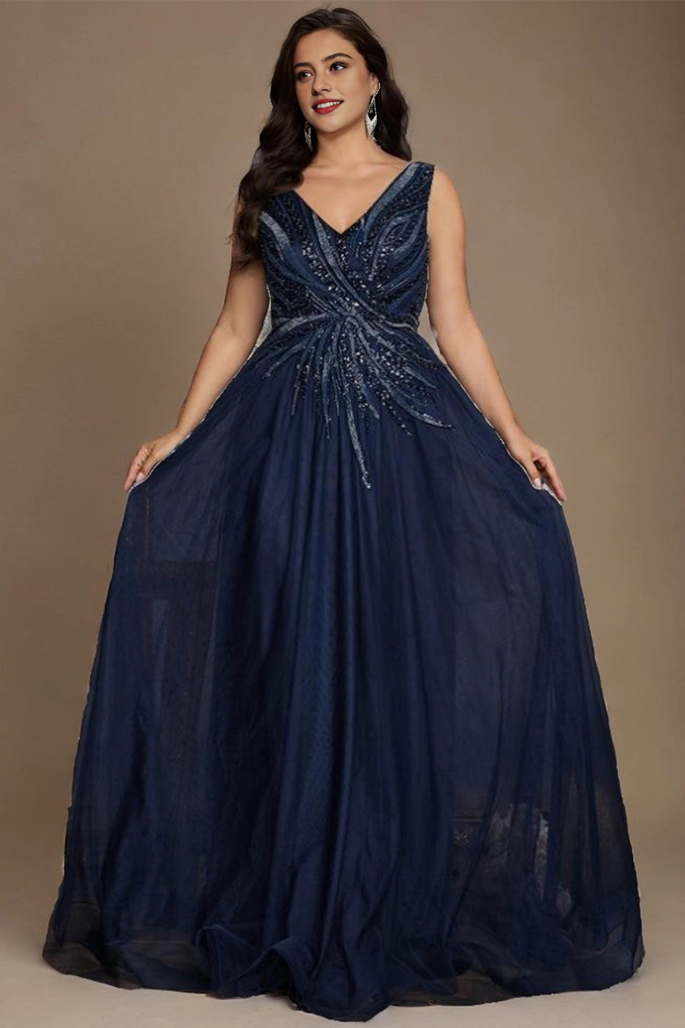 Stunning A-Line V-Neck Sleeveless Lace-Up-Back Floor-Length Plus Size Mother Of Bride Dress