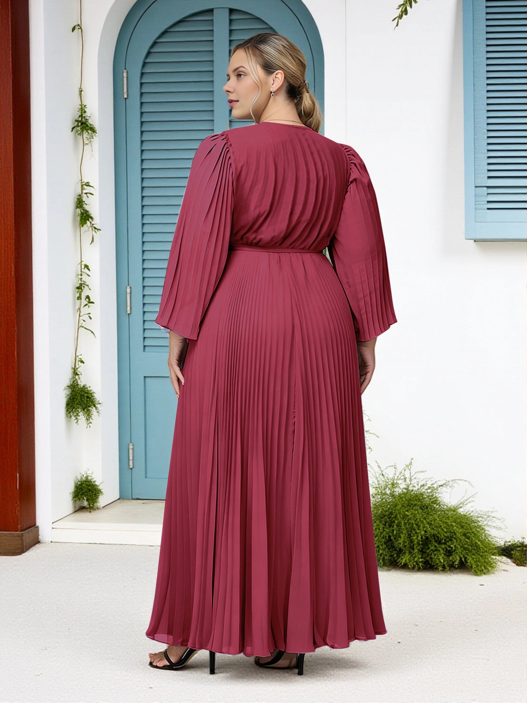 Roselledress burgundy pleated chiffon plus size formal dress closed back floor‑length gown back view