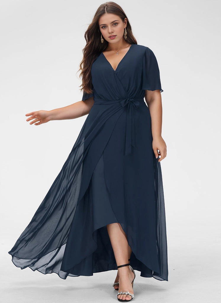Roselledress navy chiffon plus size bridesmaid dress v neck flutter wrap waist high low wedding guest gown