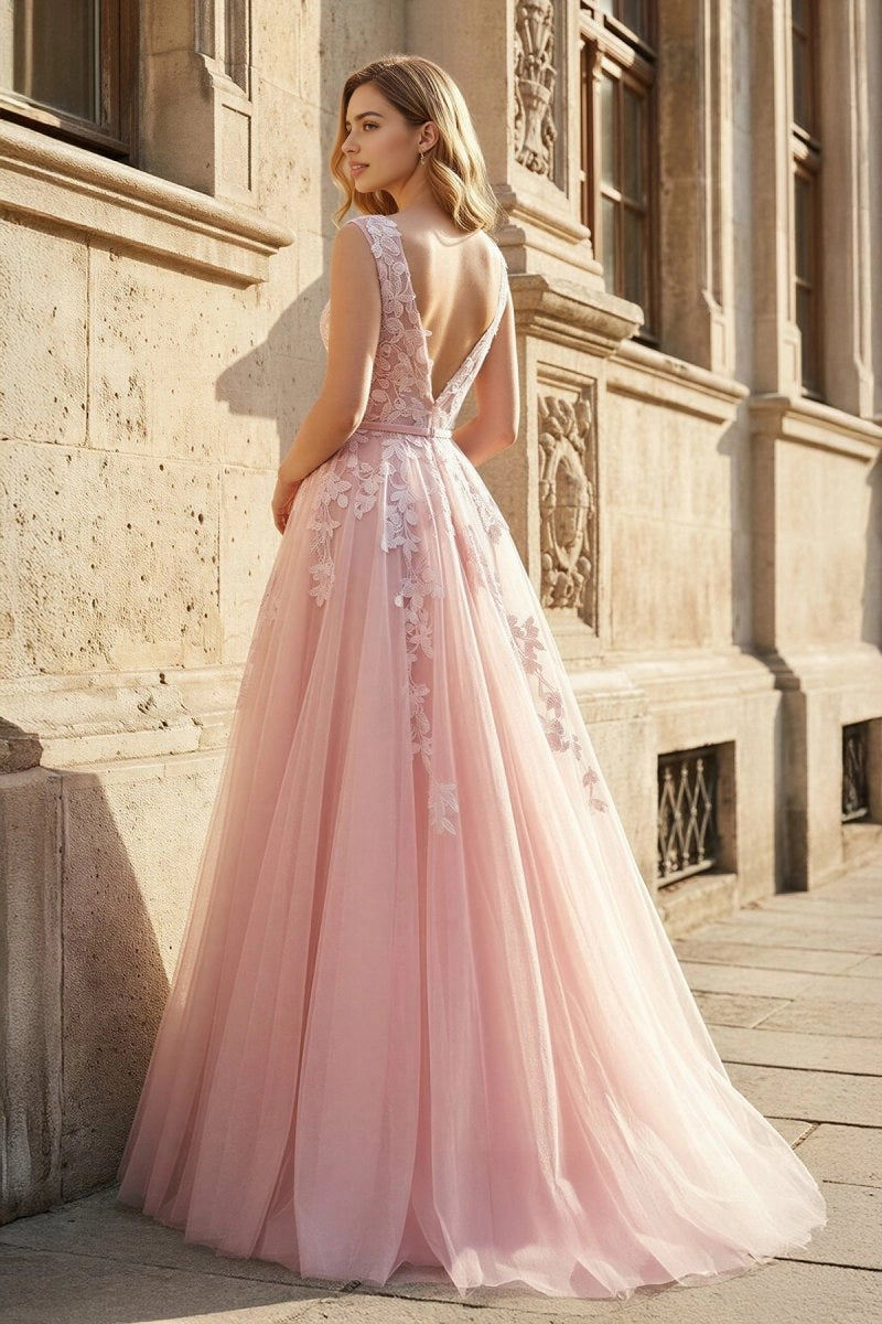 Roselledress romantic formal gown deep v open back zipper blush tulle long evening dress side back view