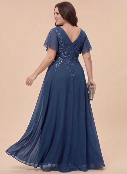 Roselledress dusty navy plus size chiffon gown deep v back zipper rear view