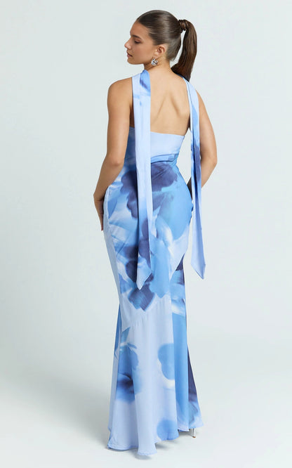 Midi Halter Open Back Floral Print Chiffon Plus Size Wedding Guest Midi Dress