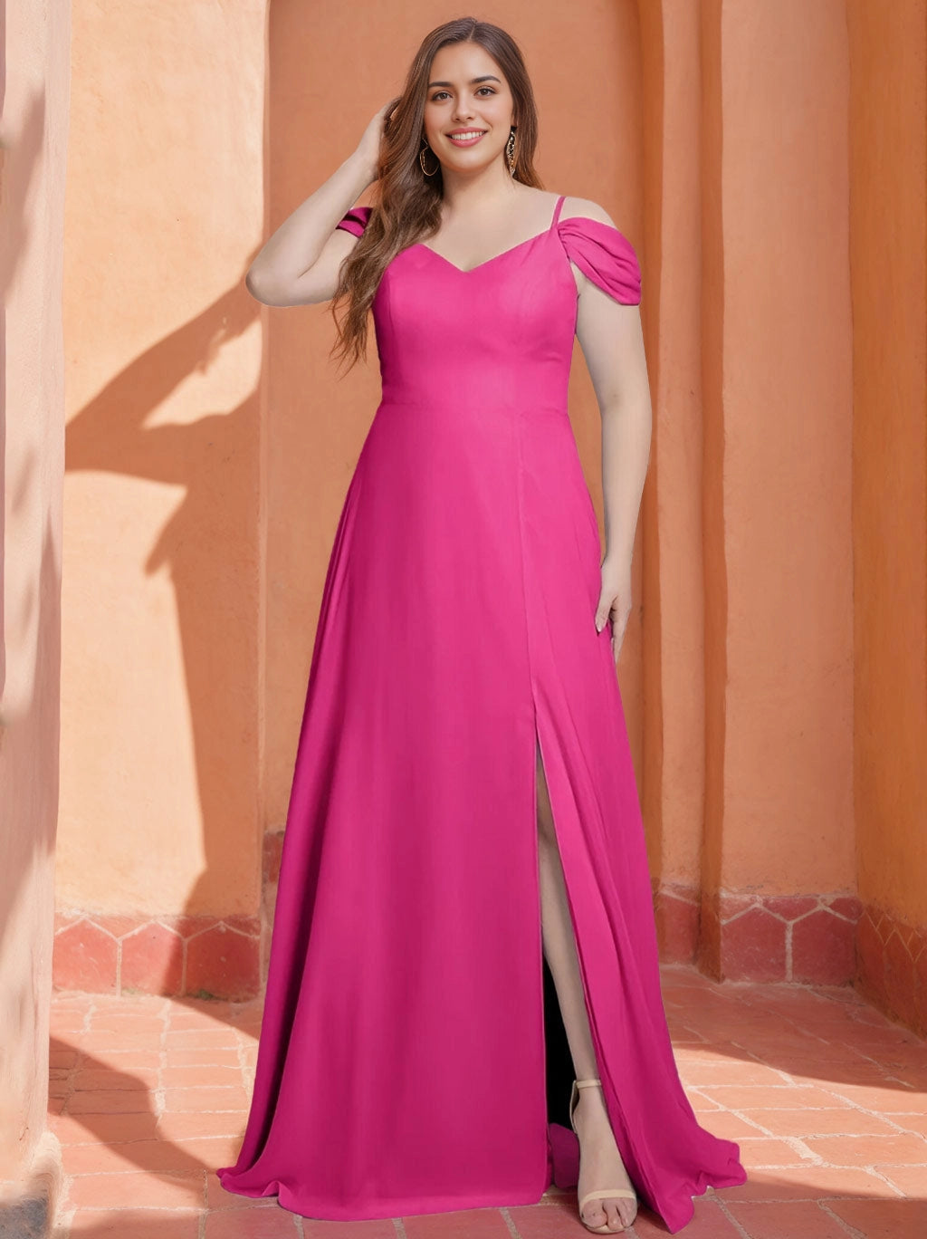 roselledress hot pink chiffon plus size bridesmaid dress off shoulder twisted ruffle sleeve high slit tropical courtyard wedding maxi gown