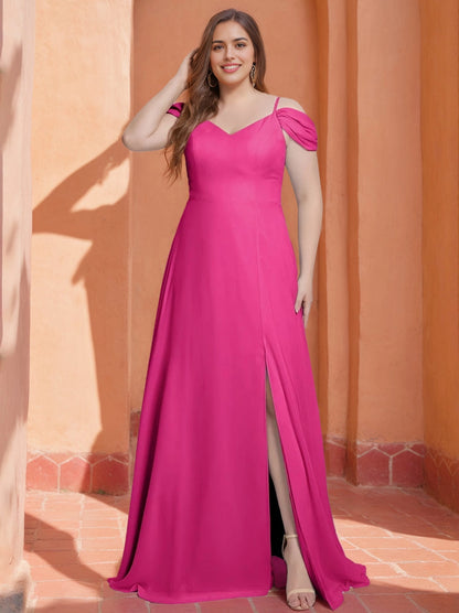roselledress hot pink chiffon plus size bridesmaid dress off shoulder twisted ruffle sleeve high slit tropical courtyard wedding maxi gown