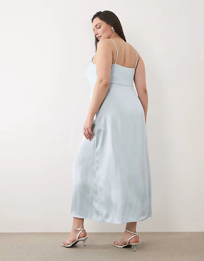 Roselledress plus size ice blue satin slip straight back midi formal gown back view
