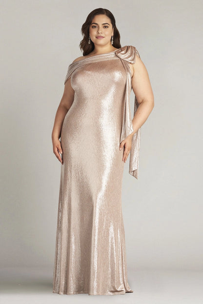 roselledress plus size champagne metallic one shoulder bow drape sheath formal mother of bride gown