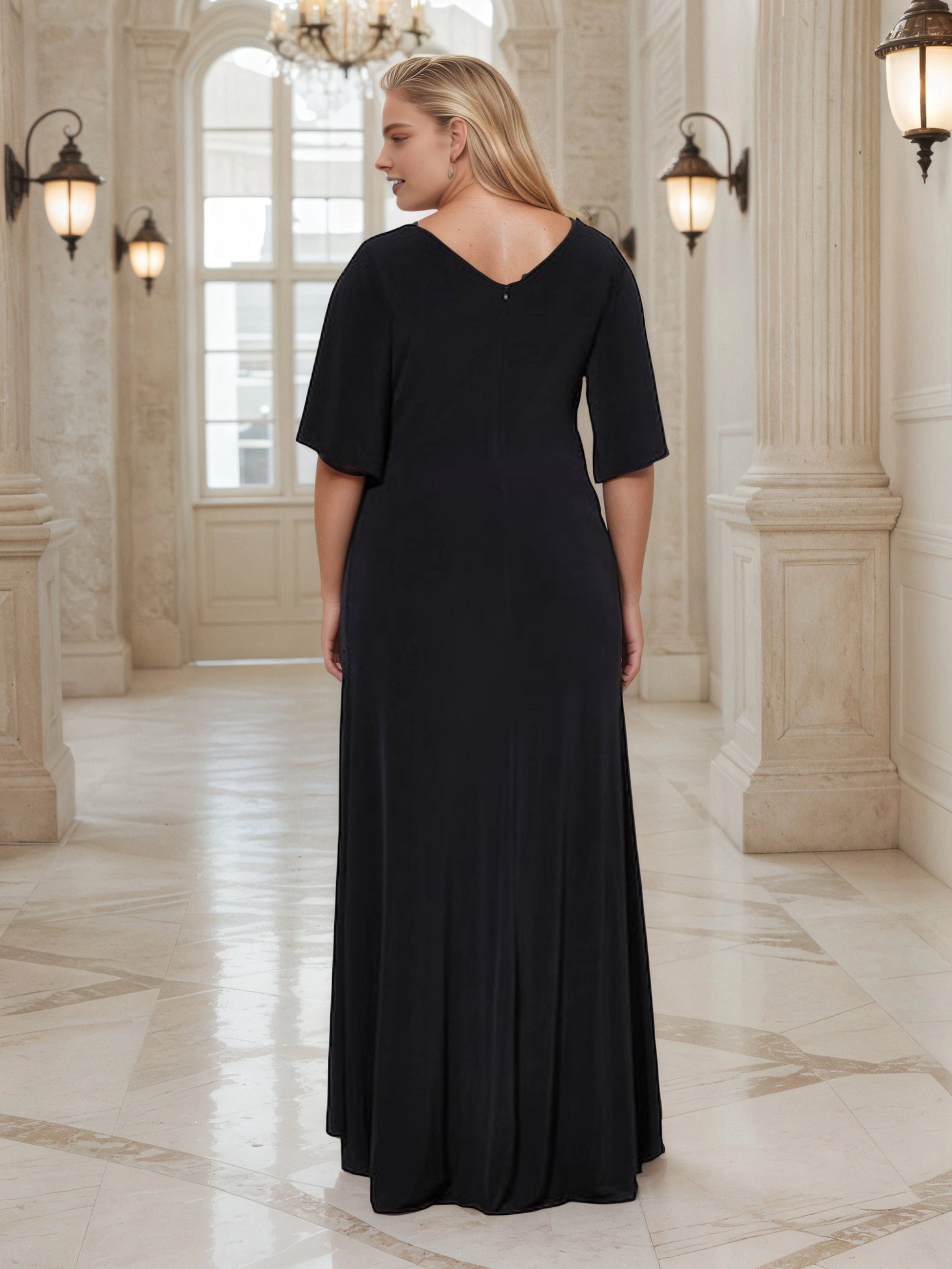 RoselleDress black plus‑size a‑line wedding guest gown v‑back zipper closure flutter sleeve dress back view floor‑length formal mother of bride gown