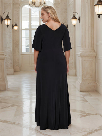 RoselleDress black plus‑size a‑line wedding guest gown v‑back zipper closure flutter sleeve dress back view floor‑length formal mother of bride gown