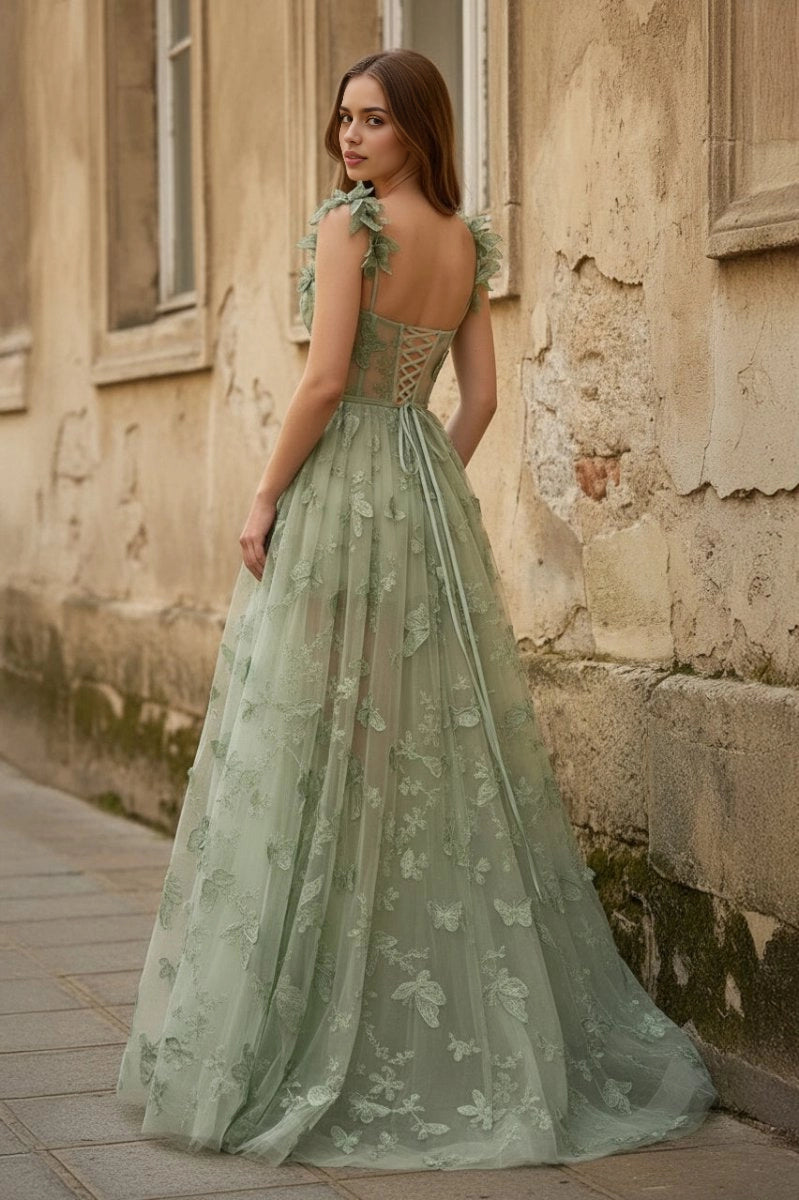 Roselledress A-Line Square Neck Strap Corset Lace-Up Back Butterfly Tulle Plus Size Prom Dress
