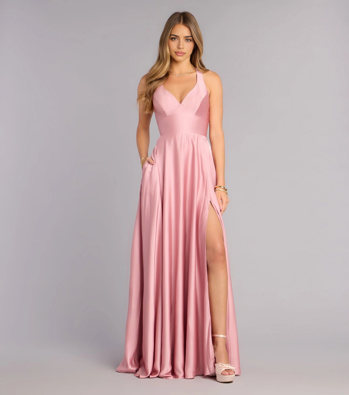 Roselledress dusty pink satin spaghetti v bridesmaid dress high slit a-line maxi gown with pockets