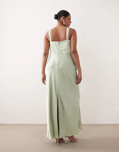 Roselledress plus size sage mint satin back slit zipper formal maxi gown back view