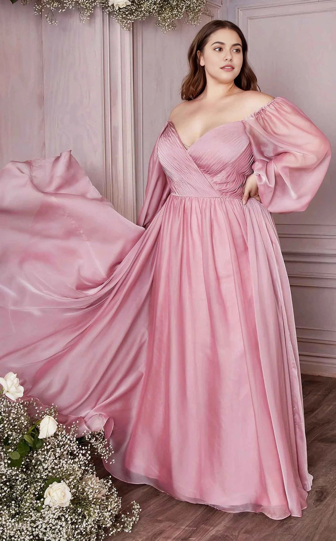 Roselledress Flowy A-Line Sweetheart Off-Shoulder Puff-Sleeve Zip-Back Floor-Length Plus Size Prom Dress