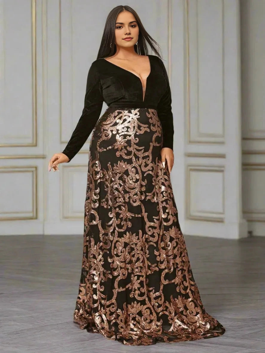 Luxury Mermaid Deep‑V Long‑Sleeve Low‑Back Floor‑Length Plus Size Prom Dress