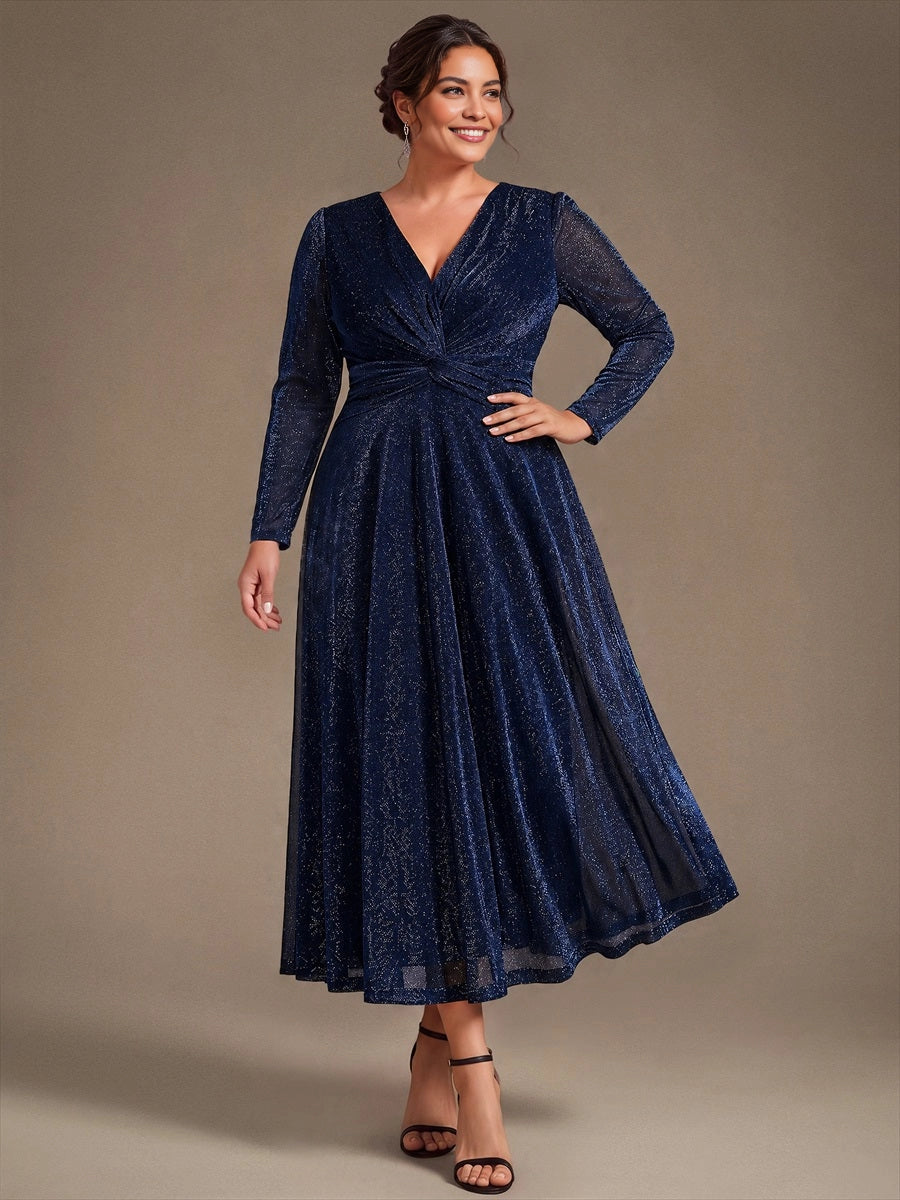 Roselledress Olive‑Green Plus‑Size Long‑Sleeve Twist‑Waist A‑Line Midi Mother of the Bride Dress