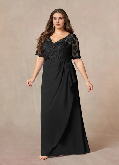 Gorgeous Plus Size A-Line V-Neck Mid-Sleeve Illusion-Back Floor-Length Mother Of Bride Dress