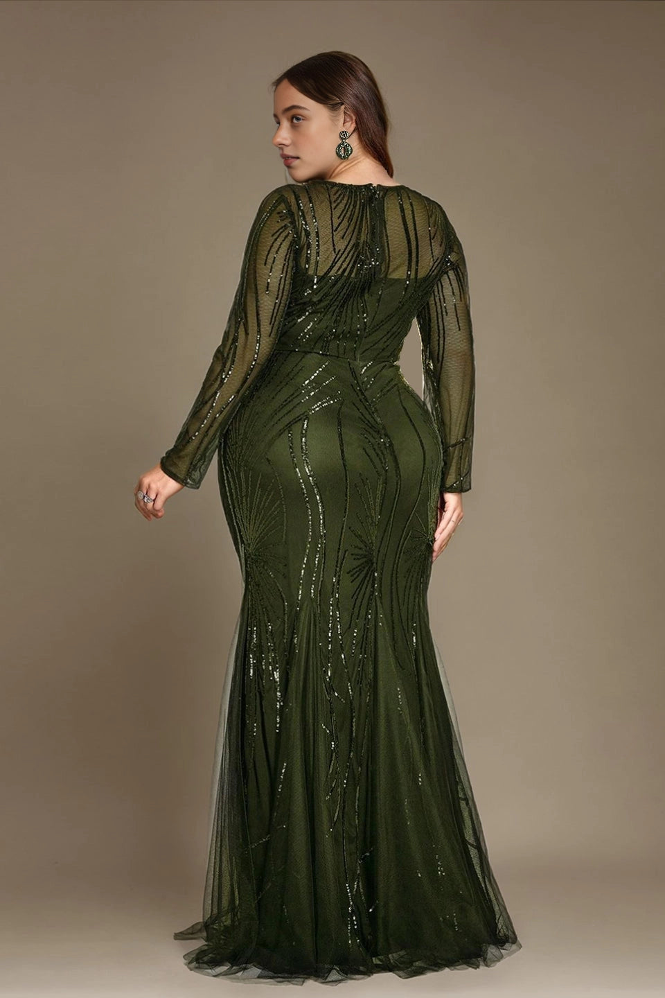 Glam Plus Size Mermaid Round-Neck Long-Sleeve V-Back Train-Length Mother Of Bride Dress