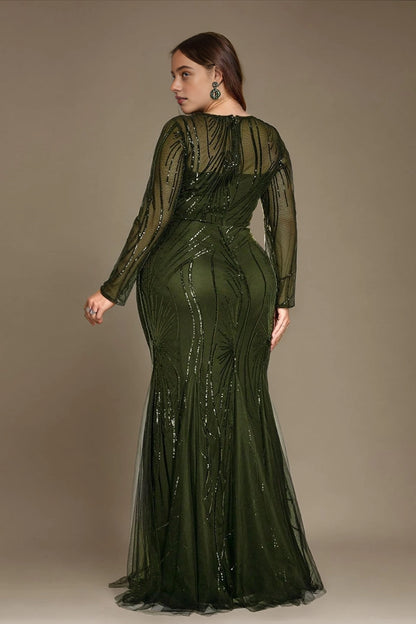 Glam Plus Size Mermaid Round-Neck Long-Sleeve V-Back Train-Length Mother Of Bride Dress