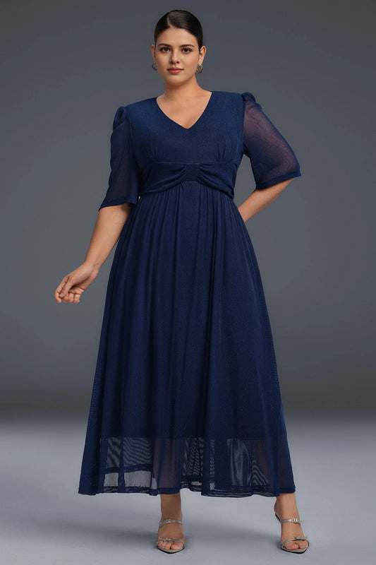 Navy Blue Plus Size A‑Line V‑Neck 3/4‑Sleeve Zip‑Back Midi Prom Dress