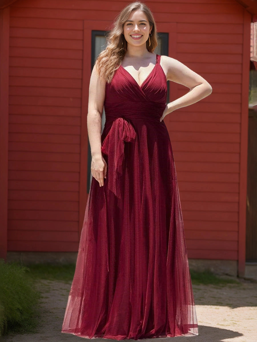 roselledress burgundy tulle plus size bridesmaid dress v neck wide strap a line gown ruched waist bow floor length outdoor garden wedding formal dress

