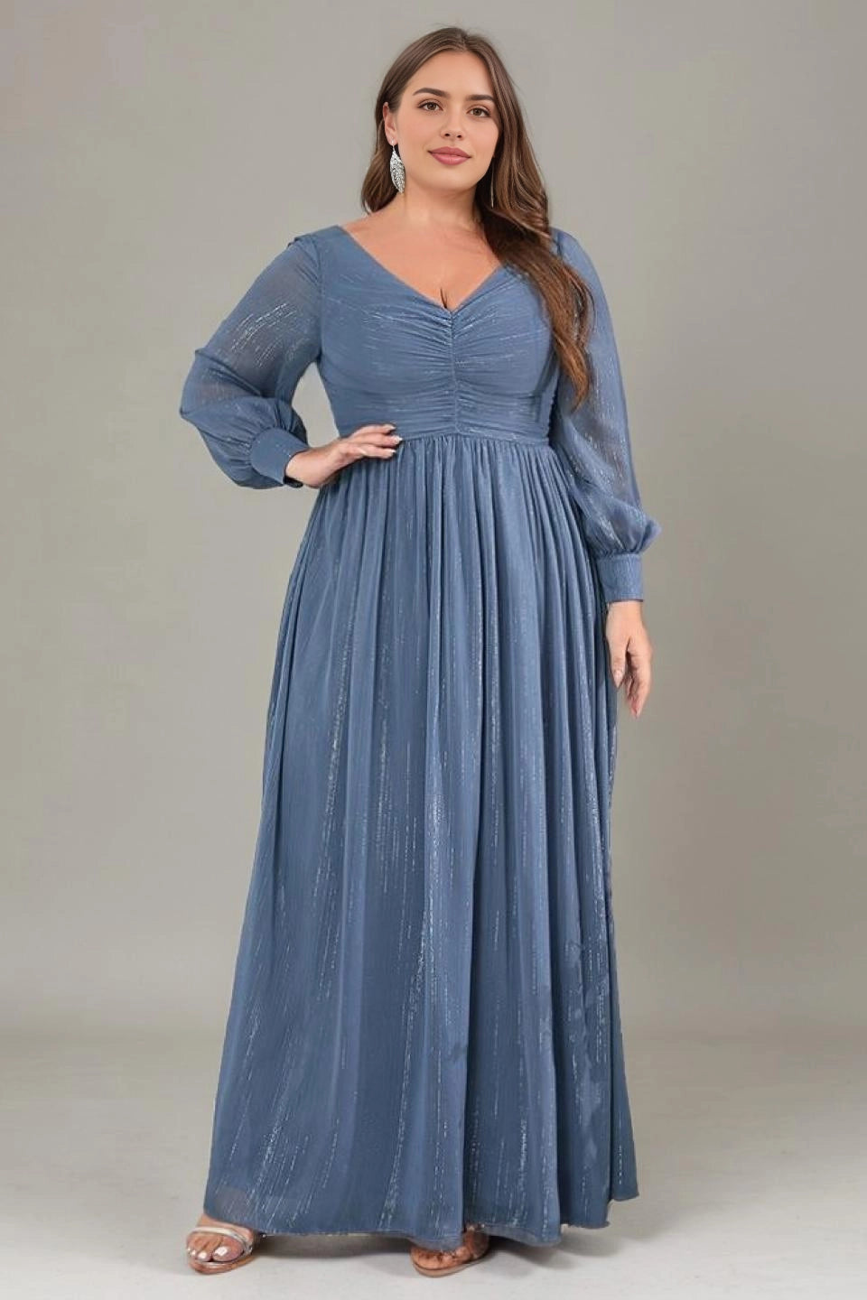 Plus Size Dusty‑Blue A‑Line V‑Neck Long‑Sleeve Deep‑V‑Back Floor‑Length Prom Dress