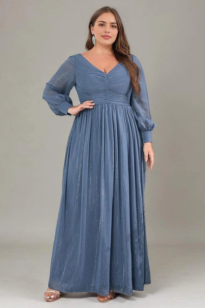 Plus Size Dusty‑Blue A‑Line V‑Neck Long‑Sleeve Deep‑V‑Back Floor‑Length Prom Dress